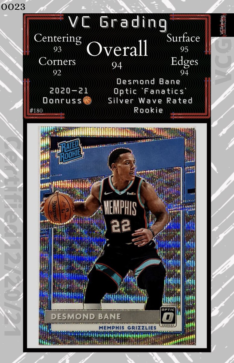 VC_Grading's tweet image. 2020-21 Donruss 🏀 

Desmond Bane Optic ‘Fanatics’ Silver Wave Rated Rookie 

Overall Grade: 94

@Tony_Totals || #0023