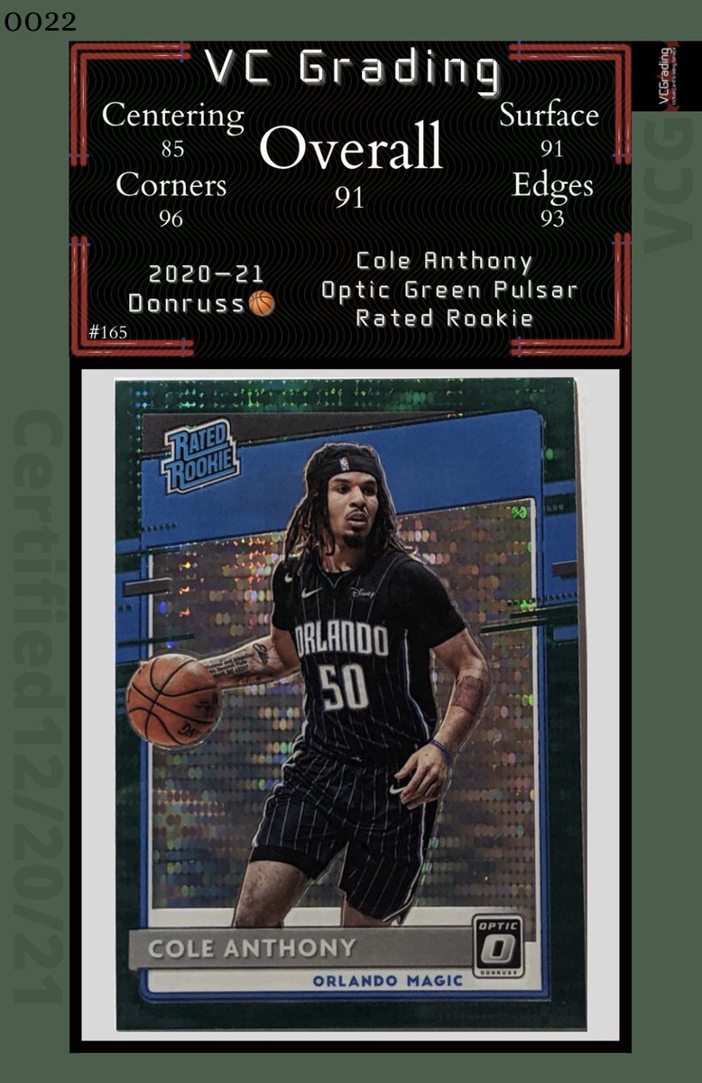 VC_Grading's tweet image. 2020-21 Donruss 🏀 

Cole Anthony Optic Green Pulsar Rated Rookie 

Overall Grade: 91

@Tony_Totals || #0022