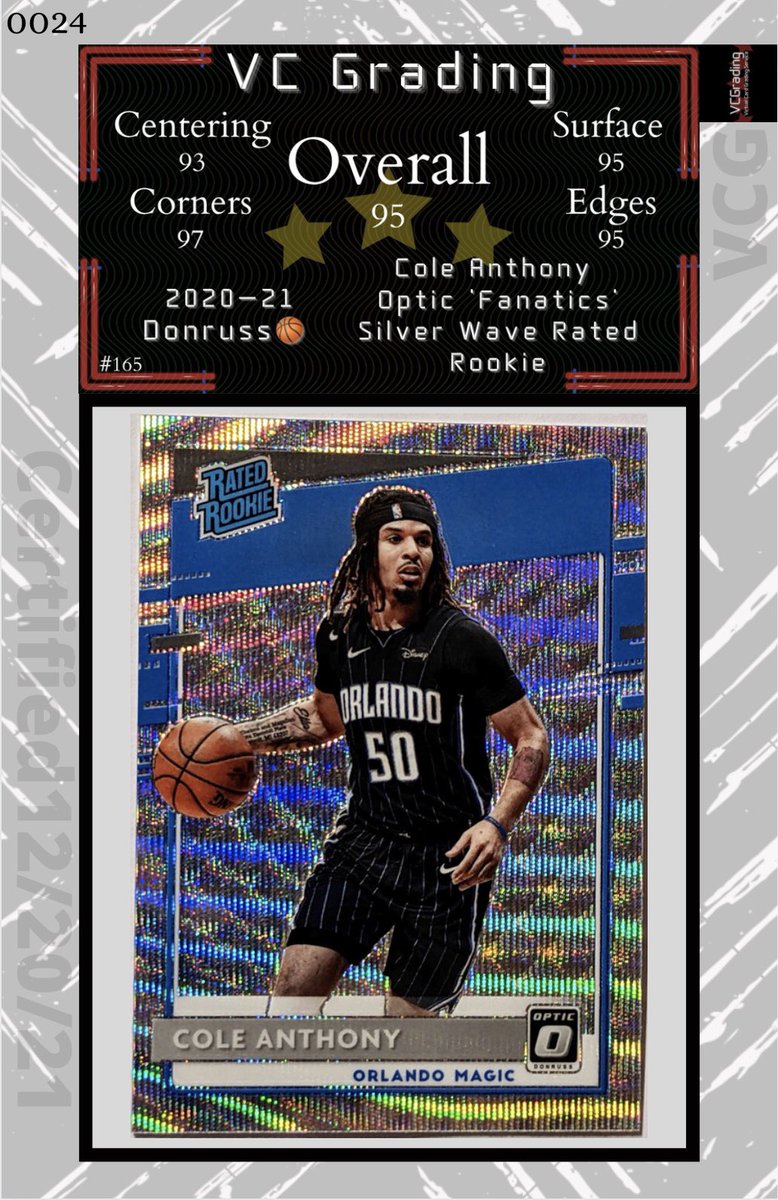 VC_Grading's tweet image. 2020-21 Donruss 🏀 

Cole Anthony Optic ‘Fanatics’ Silver Wave Rated Rookie 

Overall Grade: 95 ⭐️ 

@Tony_Totals || #0024