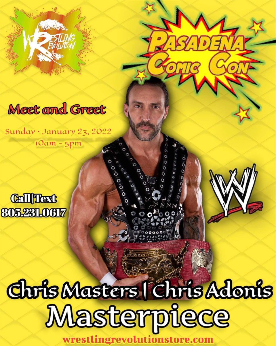 WrestRevStore's tweet photo. BREAKING NEWS….

TIME TO BRING IN A MASTERPIECE

Former WWE superstar and Current NWA National Champion @chrismasters310 will be at the Wrestling Revolution Store booth, on 1/23/2022 from 10:00am-5:00pm at the @pasadenacomiccon . 

PREORDERS WILL BE AVAILABLE SHORTLY https://t.co/xviLxSqzS6