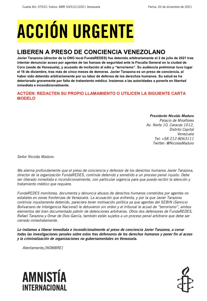 eldiario's tweet photo. #20Dic | Amnistía Internacional exigió la liberación del director de @FundaREDES_, Javier Tarazona.

"Su salud se ha deteriorado debido a la falta de atención médica especializada que se le ha negado", escribió @ErikaGuevaraR, directora para las Américas de @amnistia. https://t.co/kjCHnGc9gI