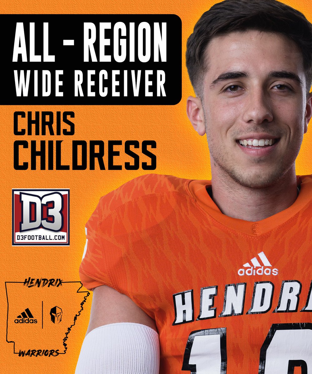Congratulations to WR @chrischildress_!

From Gravette, AR, Chris has been named to the <a href="/d3football/">D3football.com</a> ALL-Region Team, as well as ALL-SAA. 

This year Chris caught 47 passes for 782 yards and 14 Touchdowns.  He led the SAA in all 3 of these categories.

#WeAreWarriors