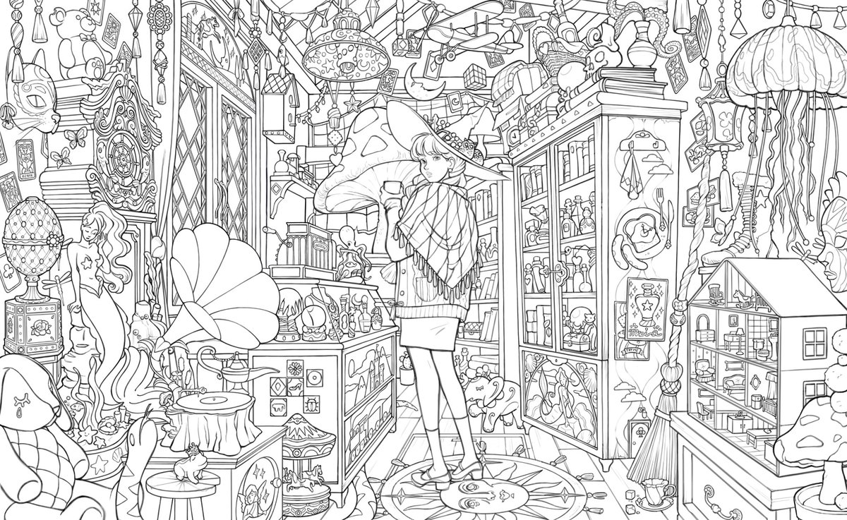 A witch's shop of magical antiques and oddities 🪄 line art done! (I abandoned this drawing for a year, I'm so glad I picked it back up) 