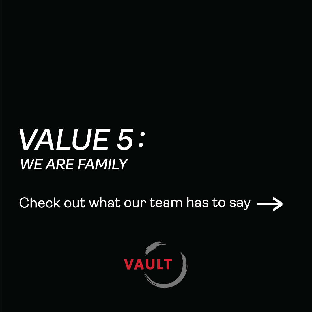 VaultInsHQ's tweet photo. Our Vault values series comes to an end with value # 5: We are family.

The future is ours to create because we have each other. https://t.co/tkJrrJiVIu