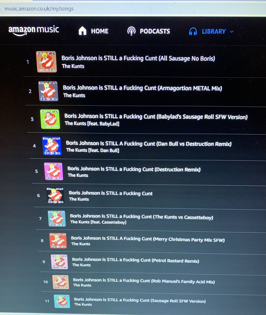 UKVOMIT's tweet photo. 10 versions purchased on itunes.
11 versions purchased on amazon. 
6,000 plays on Spotify. 
Merry fucking Kuntmas!
#BORIS4XMASNO1
#BorisJohnsonOut https://t.co/llFtTTN3Ee
