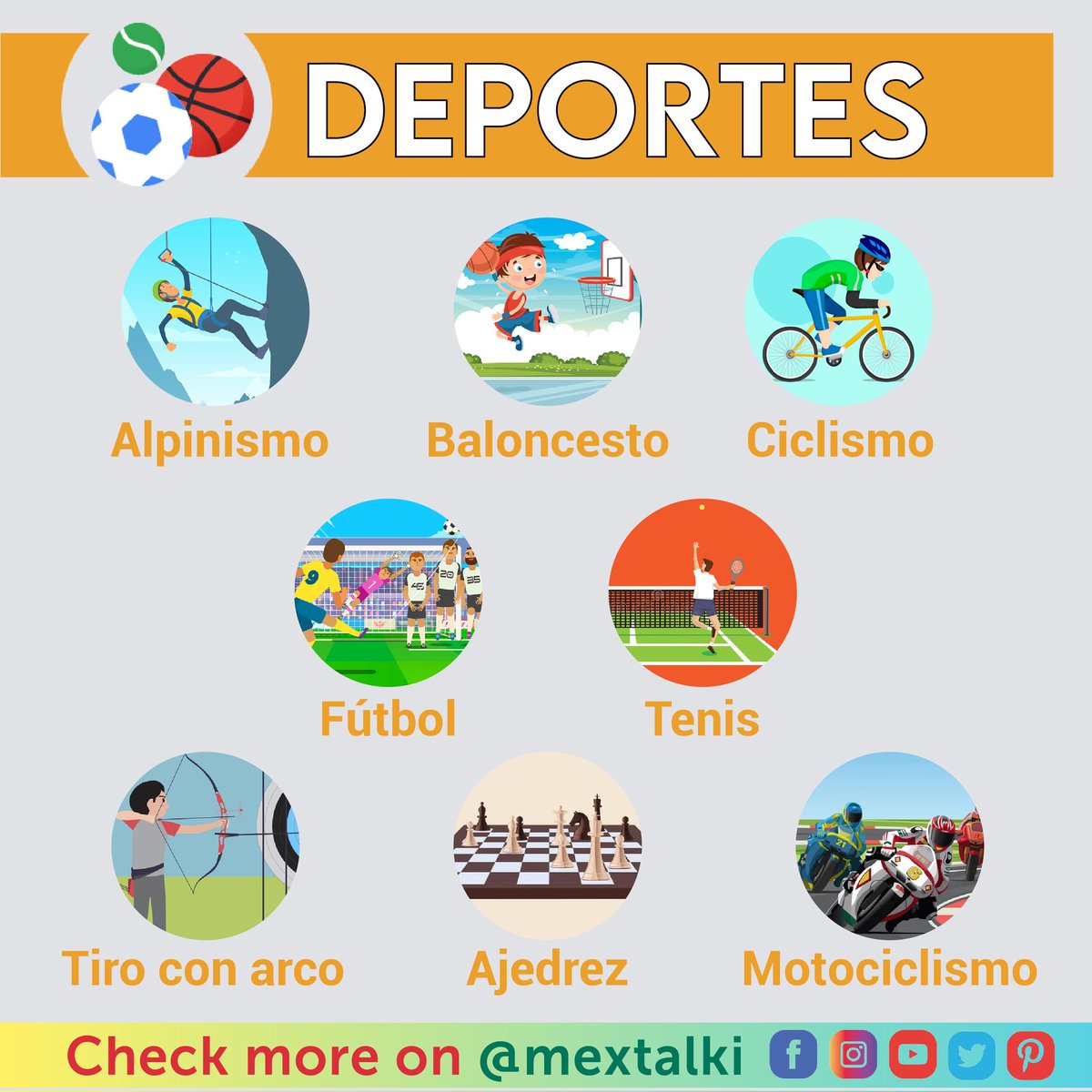 Mextalki's tweet photo. ¿Cuál es tu deporte favorito?
#sports #learnspanish #EpicPartner https://t.co/DXCL61mJcQ