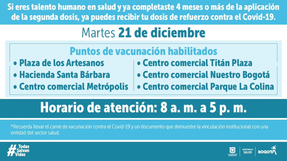 #TenEnCuenta ¡Si eres 𝐭𝐚𝐥𝐞𝐧𝐭𝐨 𝐡𝐮𝐦𝐚𝐧𝐨 𝐞𝐧 𝐬𝐚𝐥𝐮𝐝 y ya completaste 4 o más meses luego de la segunda dosis contra el covid-19, recibe la dosis de refuerzo este martes 21 de diciembre en cualquiera de los siguientes puntos⤵️