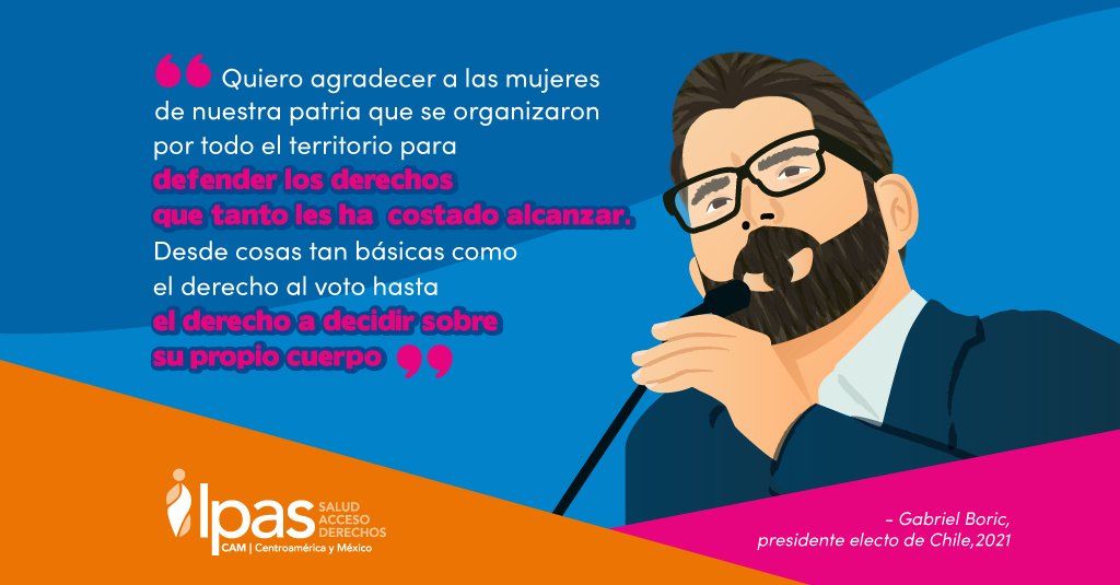 Ipas_CAM's tweet photo. #Chile 🇨🇱 | Desde #IpasCAM, festejamos con las compañeras chilenas 🤗 por la elección democrática de Gabriel Boric, ex diputado de la Región de Magallanes y de la Antártica Chilena, y candidato de izquierda, que se ha pronunciado a favor de causas sociales y de #DDHH👏🏾👏🏾👏🏾 https://t.co/8ojegZFdjk