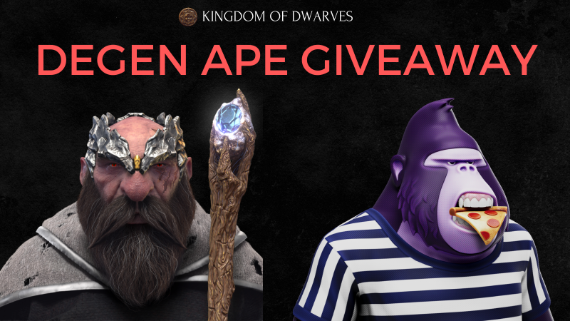 KingdomDwarves's tweet photo. Kingdom of Dwarves is giving away a FREE DEGEN APE!

To enter:
1. Follow @KingdomDwarves
2. Retweet this post and Tag 5 friends
3. Join our Discord &amp; say "hello!": https://t.co/A2fu0G24WK
4. Mint a Season 2 dwarf for an extra entry

Winner announced 1/7! Good luck! 

#NFTgiveaway https://t.co/Z4kJRM8v97