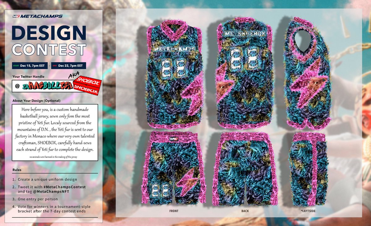 imSHOEBOX's tweet photo. My entry for the #MetaChampsContest :
“Here before you, is a custom handmade basketball jersey, sewn only from the most pristine of Yeti fur…”
@MetachampsNFT
@GEVOLsNFT https://t.co/Oxlhlqhwbt