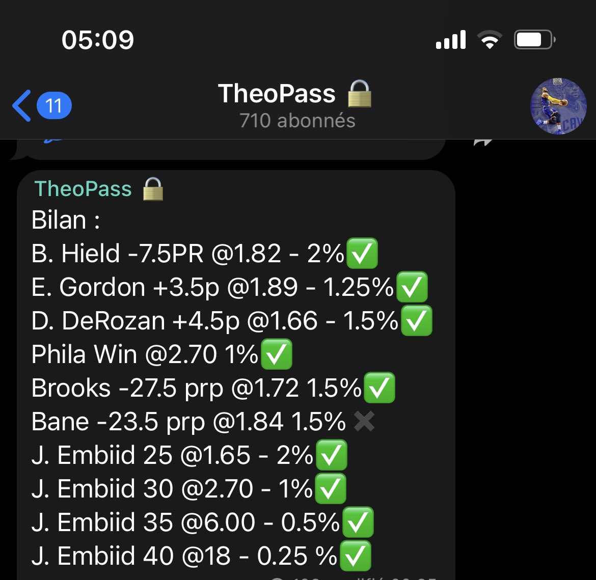 theo69prono's tweet photo. Bilan #NBA75 

Public⬇️
B.Hield -7.5 RP @1.82 ✅
Embiid 25 @1.65 ✅
Embiid 30 @2.70 ✅
Embiid 35 @6 ✅
Embiid 40 @18 ✅

@Theo69Pass ⬇️
9/10✅ et +16.28%📈

3ème Perfect en public, cotes de fou et quasi +35% en 4jours dans le pass,
Tickets?😋

20€ à gagner dans les RT♻️ https://t.co/mbNRhIJqvK
