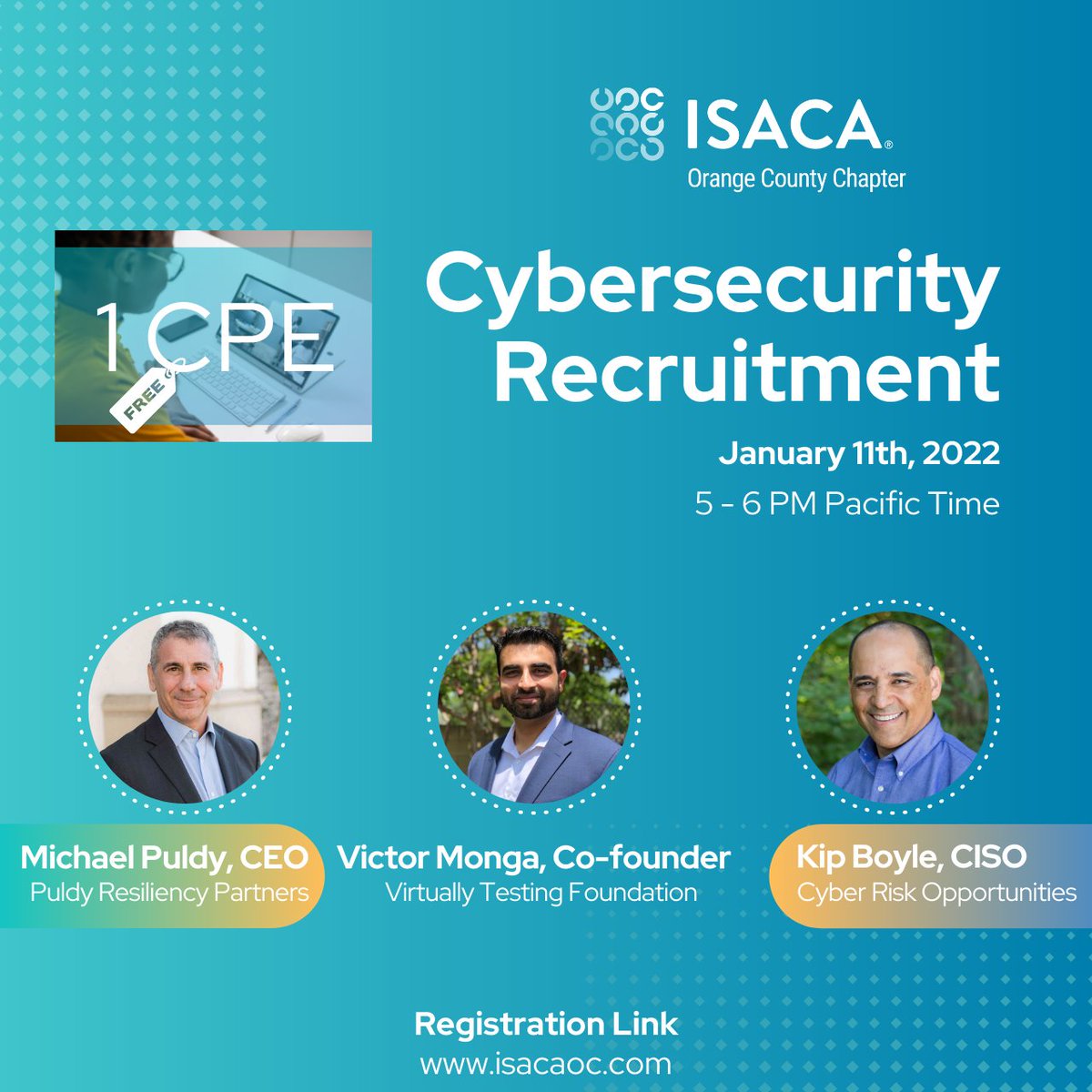 isacaoc's tweet photo. Recruiting professionals is no easy task, retaining them is even harder.
Join Michael Puldy, @victorvirtual and Kip Boyle for a roundtable discussion about #cybersecurity requirement.

Registration: https://t.co/zCZZ5pLgBB https://t.co/9RdhG7xBC7