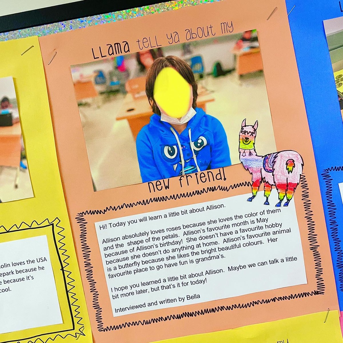 LLAMA TELL YA ABOUT MY NEW FRIEND! This writing project was focused on introductory sentences! Students learned how to write an interview, practised reading and answering interview questions aloud, and recorded their friends’ responses! @WinnipegSD <a href="/norquayschool1/">Norquay School</a> #winnipegsd