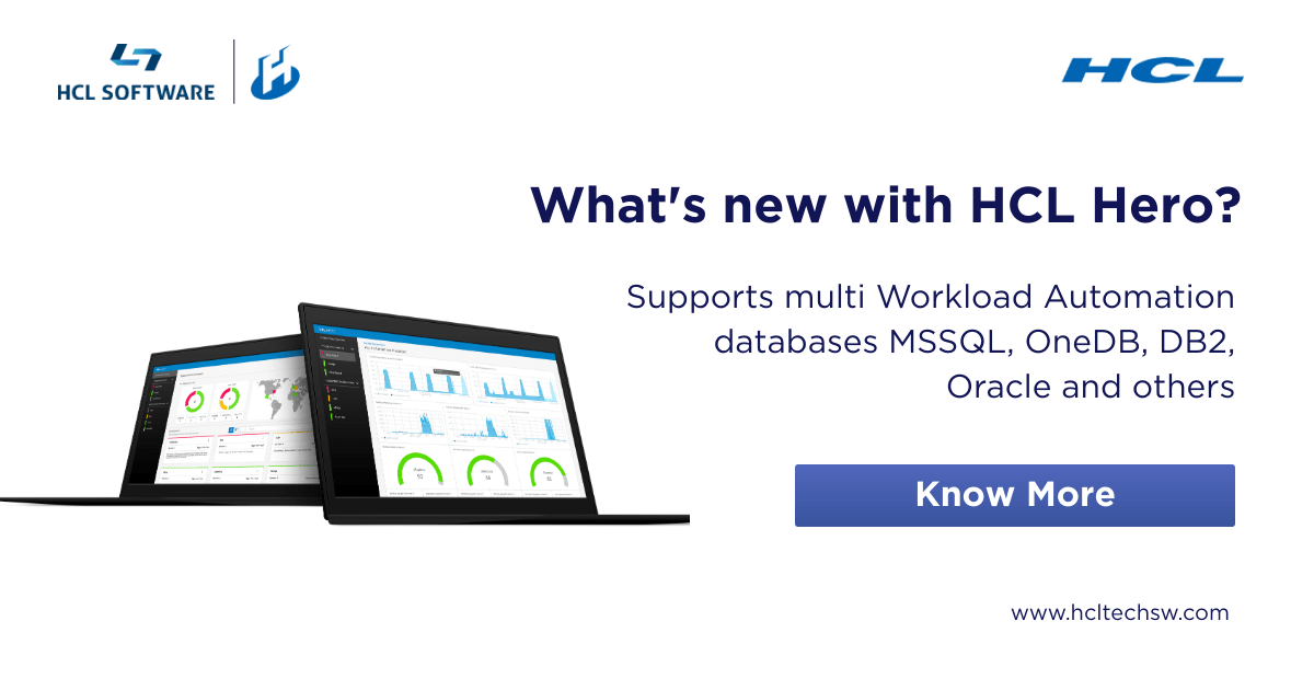hclautomation's tweet photo. HCL #HERO now supports all HCL #workloadautomation databases #MSSQL #OneDB and others. Check out What's new with HCL HERO 1.0.0.5. Know more https://t.co/Th0Yu8SgSm
#HERO #runbookoptimizer #workloadautomation #automationanywhere https://t.co/9AI6L3il0Q