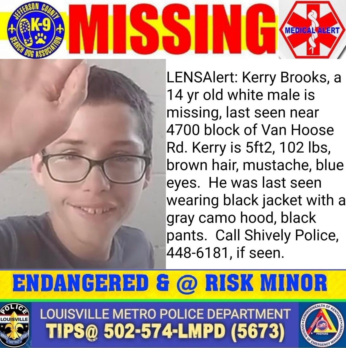 Catsfan96's tweet photo. To my friends that live in Kentucky can you please share this??? This sweet kid goes to my church. He has a disability and needs to be found. https://t.co/LrnVvpTpyd