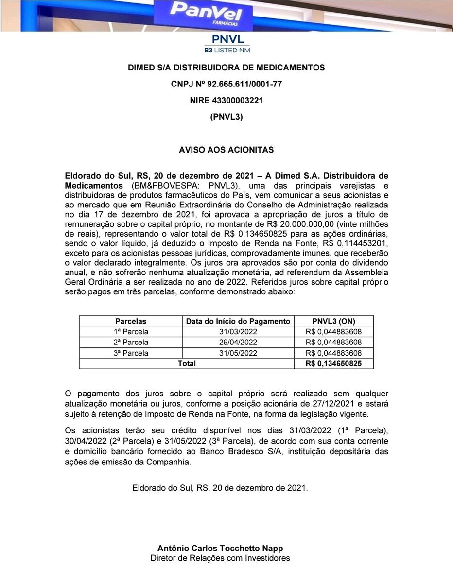 Fatosdomercado's tweet photo. DIMED - Outros avisos/Dividendos/Juros sobre Capital Próprio - #pnvl https://t.co/gH9ToiZ5Kx