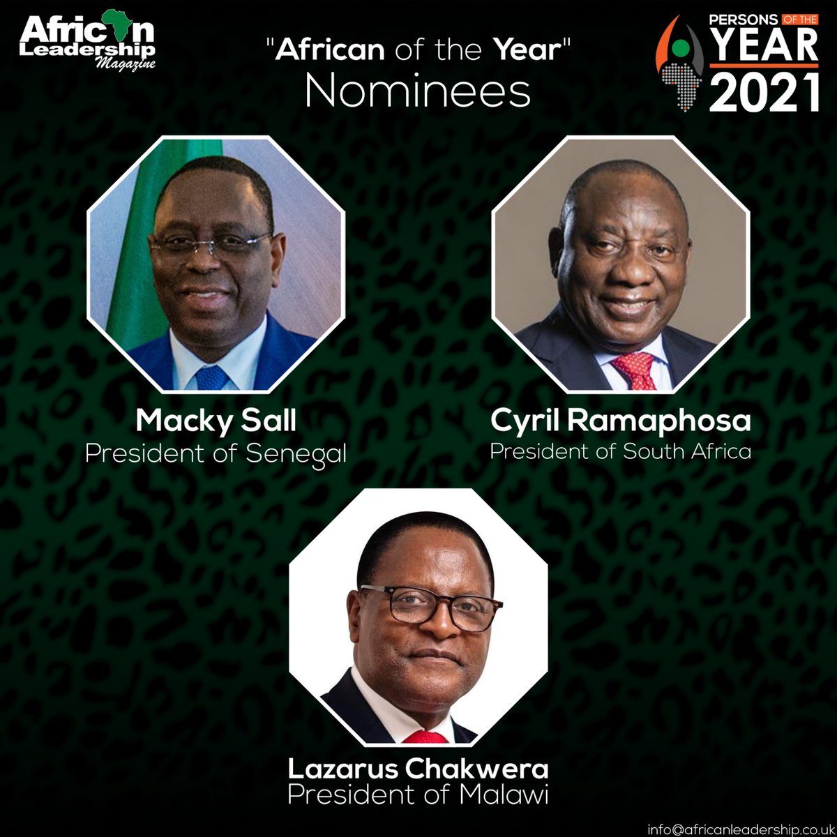 AfricanLM's tweet photo. Our Nominees for #African of the Year 2021🏆🌍

🇸🇳HE @Macky_Sall , of @PR_Senegal 
🇿🇦HE @CyrilRamaphosa , of @PresidencyZA  
🇲🇼HE @LAZARUSCHAKWERA , of @MalawiGovt 

Read More:
https://t.co/3BOzbKsNKa 

Follow Us @AfricanLM 

#Africa #Africans #Presidents #ALM #BLM #Follow https://t.co/g6rz9tZxzl