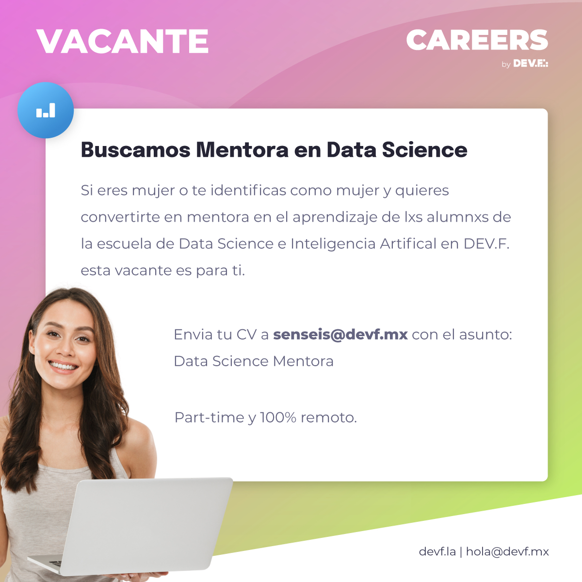 Hombrede8bits's tweet photo. ¡Hola! En @devflatam estamos buscando mentoras en ciencia de datos e inteligencia artificial. Si te apasiona compartir conocimiento, ponte en contacto con nosotros 🤓
También nos apoyarías mucho con un RT 😄🙏
#DataScience #mentoring https://t.co/R8dh2WxERX