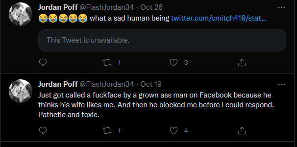 cmitch419's tweet photo. Hey, that's me, but I never said I thought my wife liked him. @FlashJordan34 has a guilty conscience.

Also, cue middle school: he blocks me on FB, then unblocks me, I ask the fuckface why he unblocked me since now I have to block him, and then he goes and puts this shit on here. https://t.co/GNYDN9nYOf