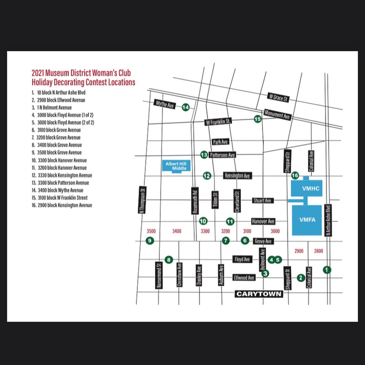 MDWomansClub's tweet photo. Our Holiday Decorating Contest winners have been decided and compiled into an easy to follow map!  Thank you @beth.bostian for creating this map for us! Swipe to view some of the winners! #rvamdwc https://t.co/3Mb02qgazP