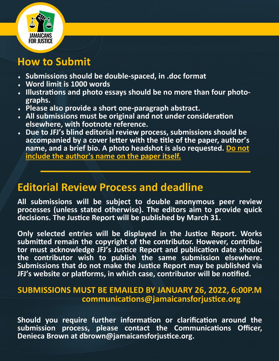 JAForJustice's tweet photo. This year, we invite human rights activists and critical thinkers to lend their voice to this report. We are looking for critical works that take new approaches to issues surrounding human rights. #JUSTICEREPORT #JAMAICA @Goffeman @djmillerJA @Petchary https://t.co/hScH2PG0iM