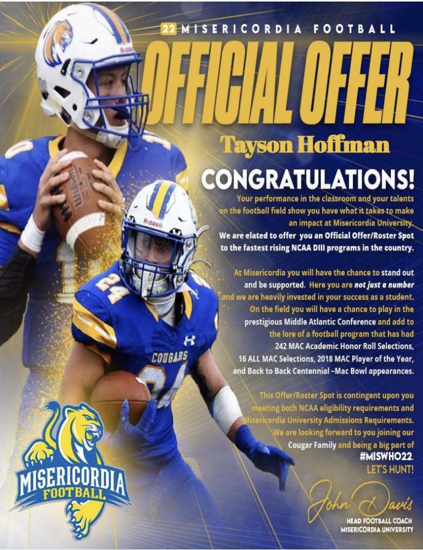 Blessed to receive an offer to continue my academic and athletic career at Misericordia University #MisWHO22 
@MisericordiaHFC <a href="/Coach_Cottle/">Tyler Cottle</a> <a href="/Coach_Mershman/">Coach Aaron Mershman</a> @CoachBWill1996 <a href="/Coach_McCrann/">Dalton McCrann</a> <a href="/coachvogelsang/">Patrick Vogelsang, M.Ed</a>