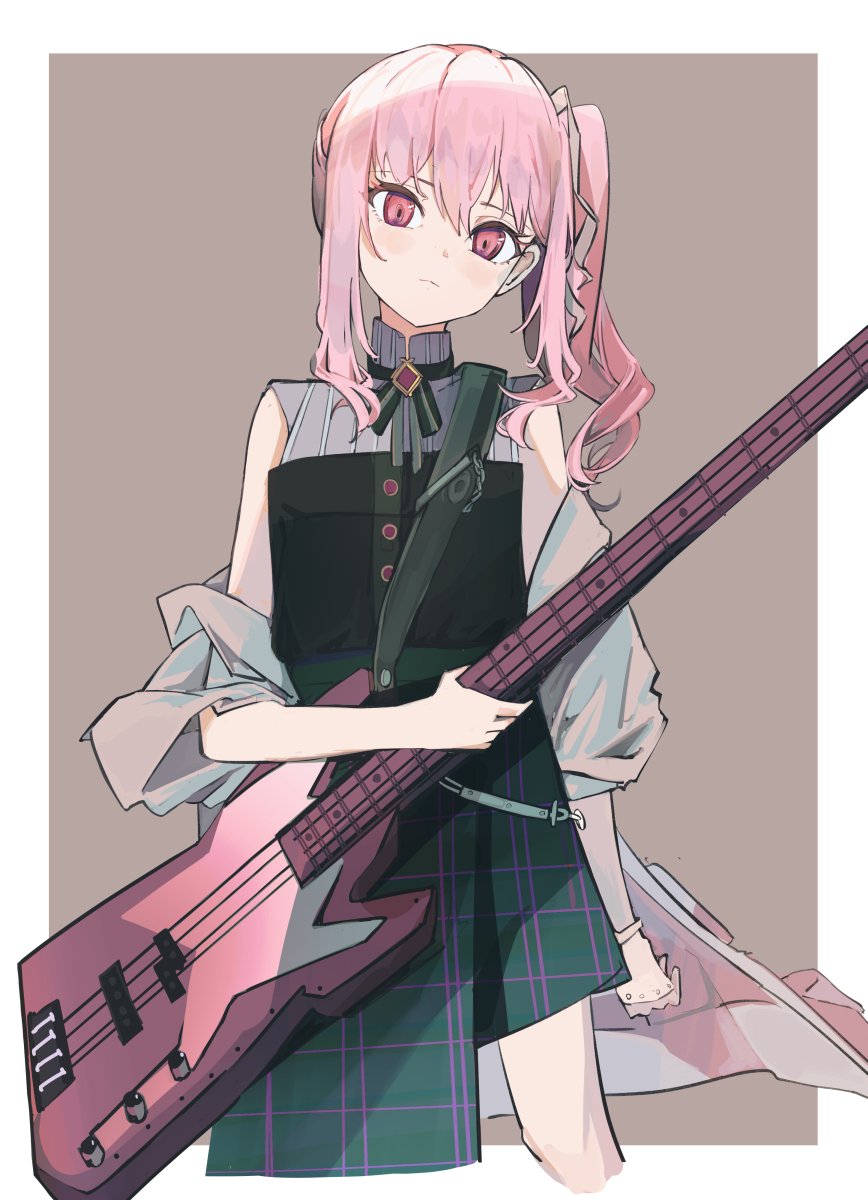 pink hair instrument 1other side ponytail guitar holding holding instrument  illustration images