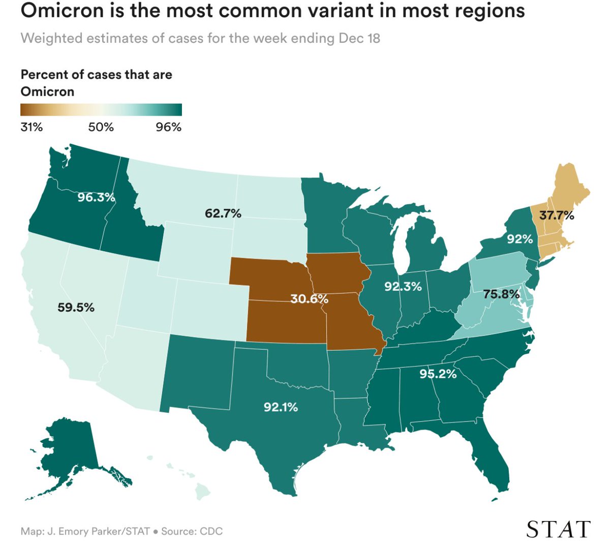 Wondering how much Covid activity is being caused by #Omicron in your region? My colleague <a href="/jaspar/">J Emory Parker is on BlueSky</a> produced this handy map. 
There's never a good time to need urgent care. But if you live in a dark green area, it's a very bad time. Be careful. statnews.com/2021/12/20/omi…