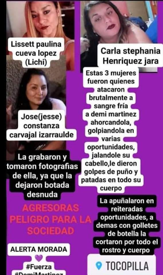 ingride48's tweet photo. Alerta morada en Tocopilla, 3 agresoras, la apuñalaron, la grabaron, la desnudaron, la horcaron, y le han desfigurado su rostro... De verdad queremos ser respetadas, si nosotras mismas nos atacamos?

#justiciaparadeni #tocopilla #alertamorada https://t.co/tOzCsh4VsR