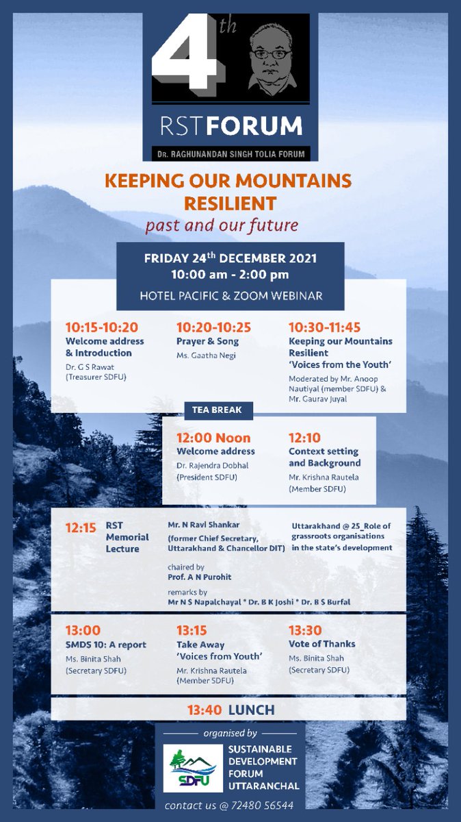 krautela's tweet photo. Sustainable Development Forum Uttaranchal cordially invites you to join us for #RSTFORUM2021 on 24 December.
Pls join through zoom after registration at this link :https://t.co/3XDBnNup7E https://t.co/7MZYqV4hmJ