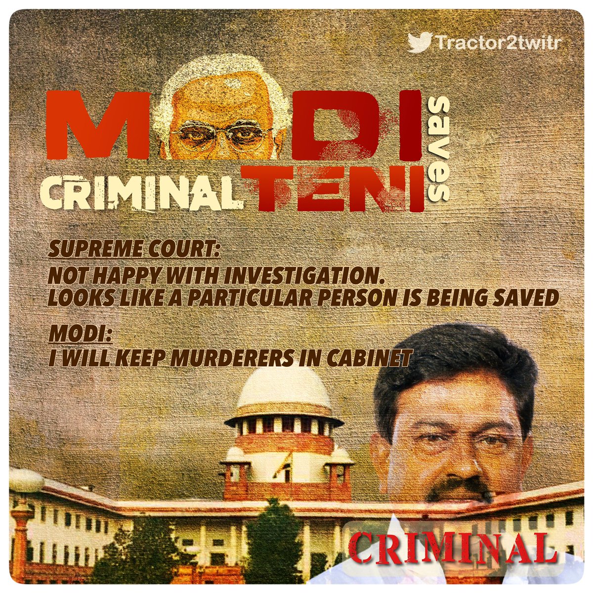vishvbuttar's tweet photo. MoS Ajay Mishr Teni is the main culpit of lakhimpur massacre and SIT confirmed that LAKHIMPUR MASSACRE was pre planned attack on farmers.
FIR has been launched against him as conspirator,yet he has not been sacked from cabinet.

#WhyModi_SavingTeni https://t.co/5ewgQ8m0qX
