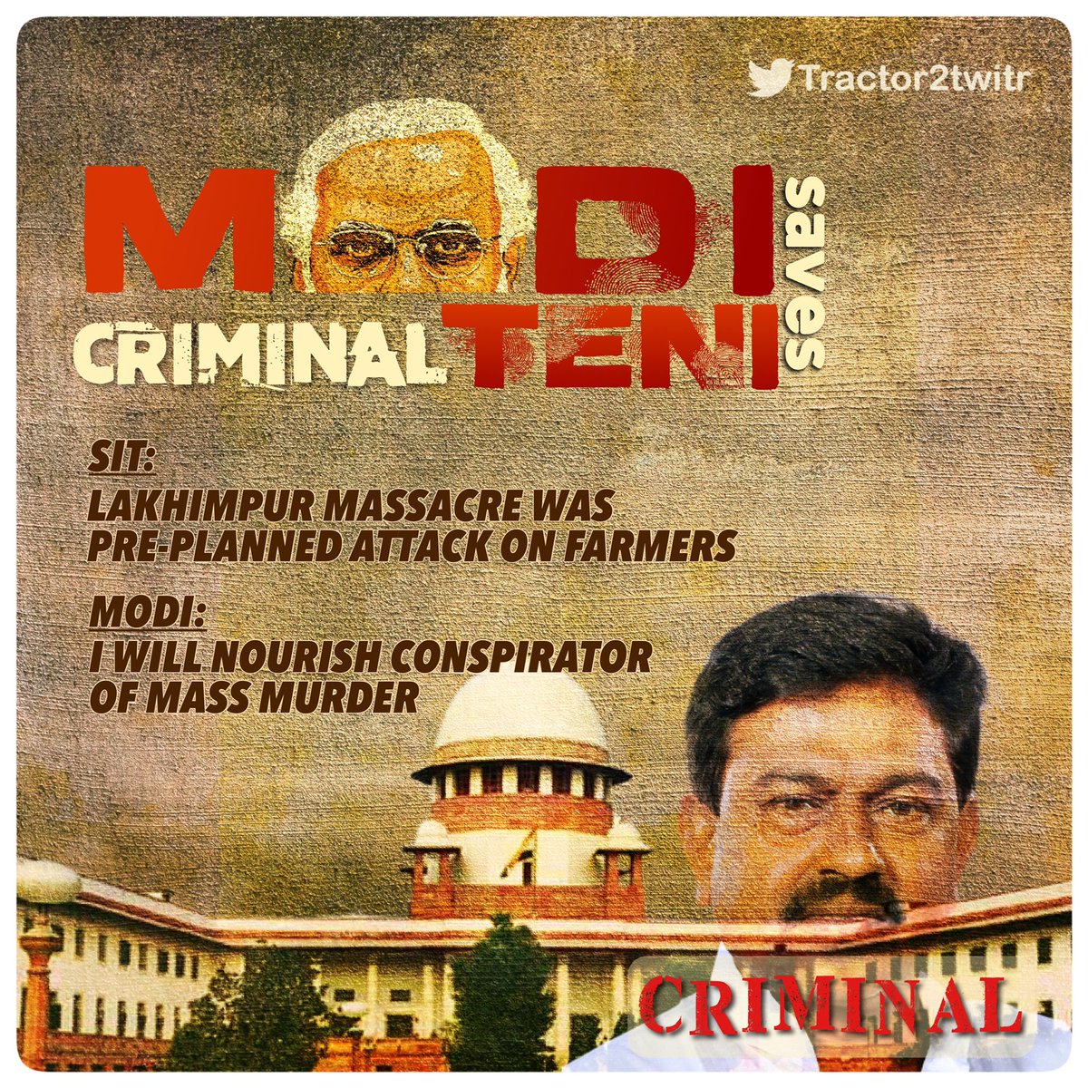 vishvbuttar's tweet photo. MoS Ajay Mishr Teni is the main culpit of lakhimpur massacre and SIT confirmed that LAKHIMPUR MASSACRE was pre planned attack on farmers.
FIR has been launched against him as conspirator,yet he has not been sacked from cabinet.

#WhyModi_SavingTeni https://t.co/5ewgQ8m0qX