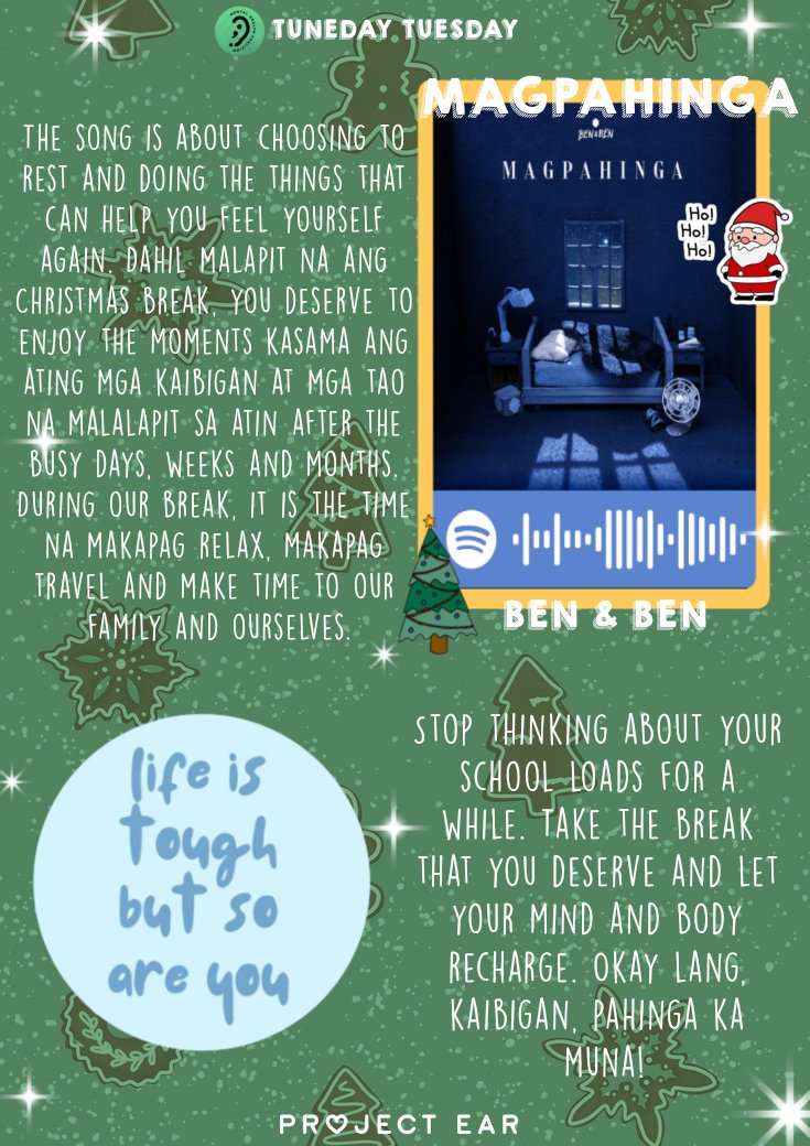 mhc_bulsusg's tweet photo. Finally, Christmas break na!
It's time to spend your time with yourself and your loved ones during this vacation while listening to the song Magpahinga by Ben and Ben. Make the most of your time and free your mind from stress!
#TunedayTuesday
#EARtoHelp
#ProjectEAR https://t.co/0XEAuW0RPa