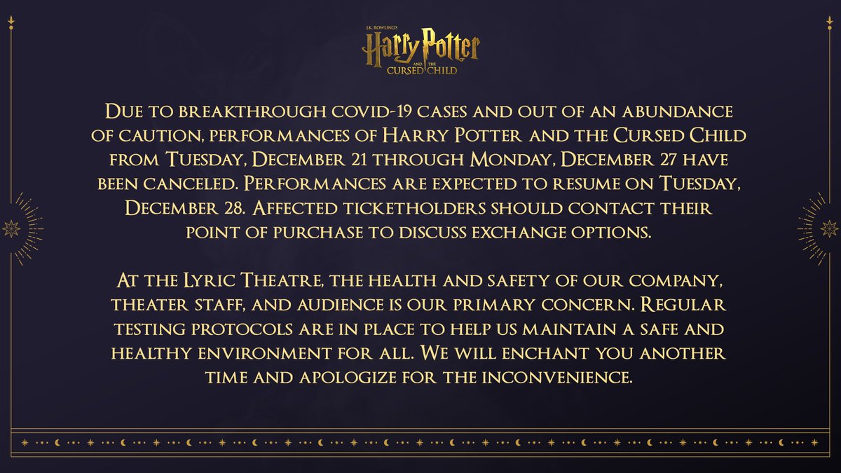 A message from the Broadway production of Harry Potter and the Cursed Child regarding performances from Tuesday, December 21 through Monday, December 27.