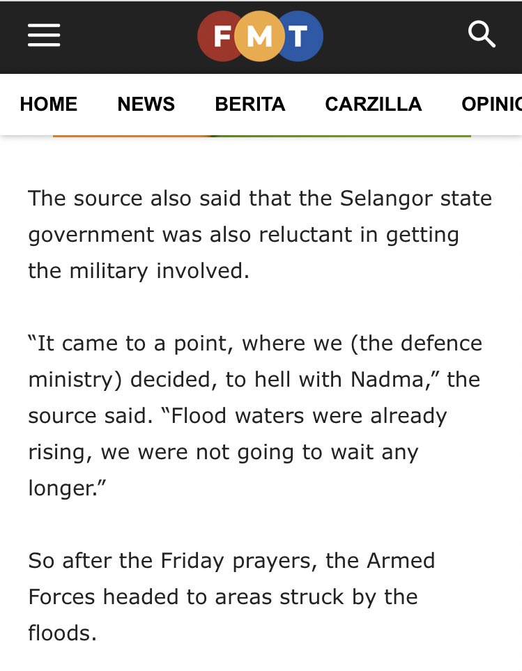 Jas_zedz's tweet photo. Ni spill the tea level kebangsaan

Tentera dah turun hari jumaat &amp; langgar je sebab NADMA &amp; Kerajaan Negeri tak nak libatkan tentera

- Mindef bergaduh dgn pegawai NADMA
- NADMA &amp; Kerajaan Selangor tak pantau SOS mangsa di sosial media
- PM suruh MKN ambil alih sebab NADMA gagal https://t.co/NJPWhgFQ5x