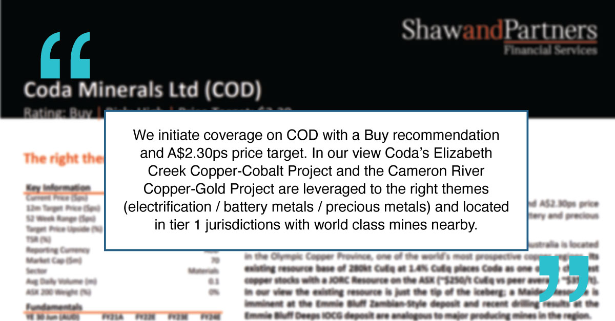 CodaMinerals's tweet photo. Initiation of Coverage by Shaw &amp; Partners: “Coda Minerals (COD) - The right theme, the right place, the right time (REC: Buy, RISK: High, PT $2.30)”. Download full report here https://t.co/P1rXFgfYxs
#CodaMinerals #COD #mining #miningaus #copper #investors #exploration https://t.co/2IOGU4nDnd