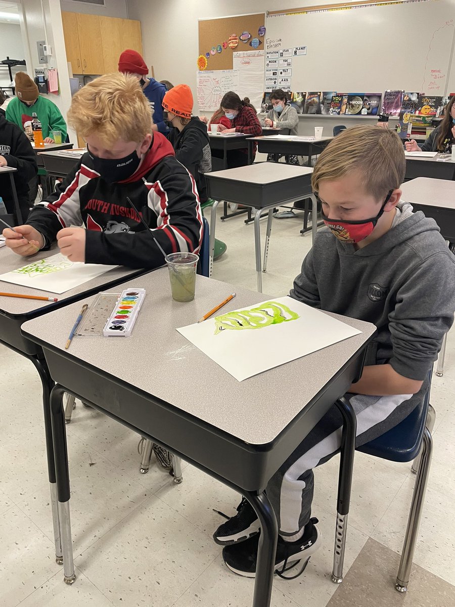 Our grade sixes were busy creating beautiful #winter scenes using #Watercolour paints. We learned about #blending and #warm and #cool colours in the process. So proud of all my kiddos. <a href="/MuskBeechgrove/">MuskokaBeechgrovePS</a>