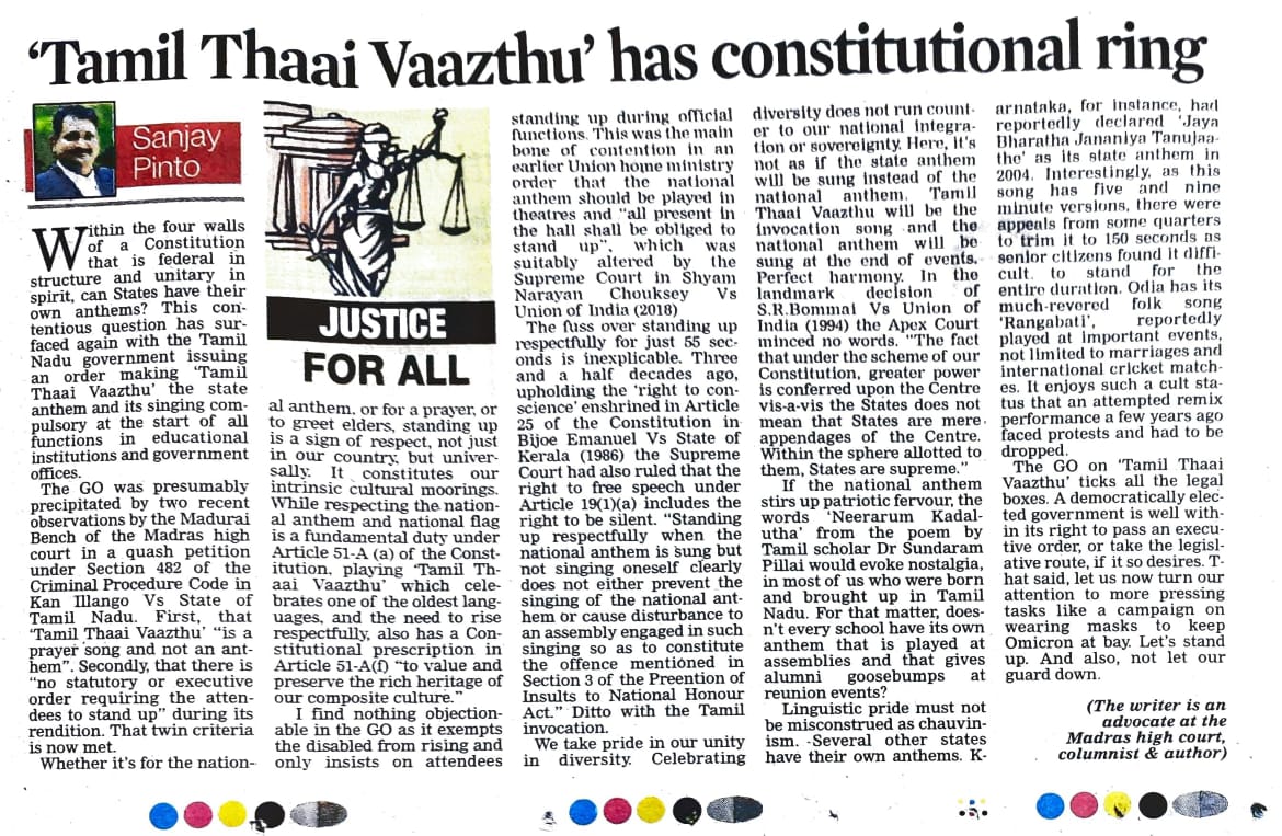 Sanjay_Pinto's tweet photo. ‘Tamil Thaai Vaazthu’ which celebrates one of the oldest languages, has a Constitutional prescription in Article 51-A(f) “to value and preserve the rich heritage of our composite culture.” 
My 275th legal column  in @DeccanChronicle.
@mkstalin @ptrmadurai
https://t.co/I18Ln0emi1 https://t.co/9yPSm4DD9Q