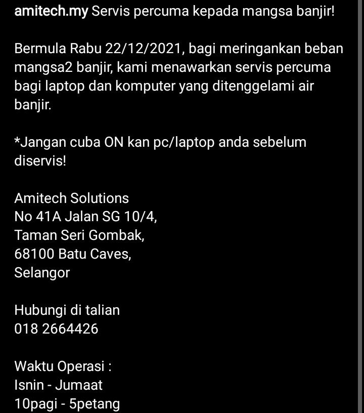 jinolatte's tweet photo. hi everyone, pls spread this
@/amitech.my on Instagram
-menawarkan service percuma bagi laptop dan komputer yang ditenggelami air banjir
-starts from this Wednesday, 22 dec 2021
here's the link 👇
(https://t.co/avywpG1wue…)
#DaruratBanjir #MYENHelp https://t.co/uZUZiYGq13
