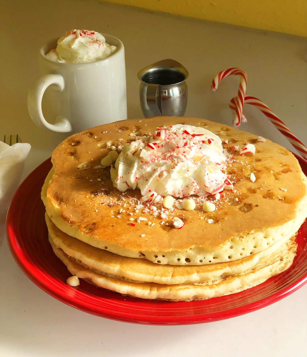 Cafe222SD's tweet photo. Christmas Eve is mint to be with our holiday stack of peppermint pancakes with white chocolate peppermint chips, whipped cream and crushed candy cane. Happy holidays! https://t.co/dyuykaruot