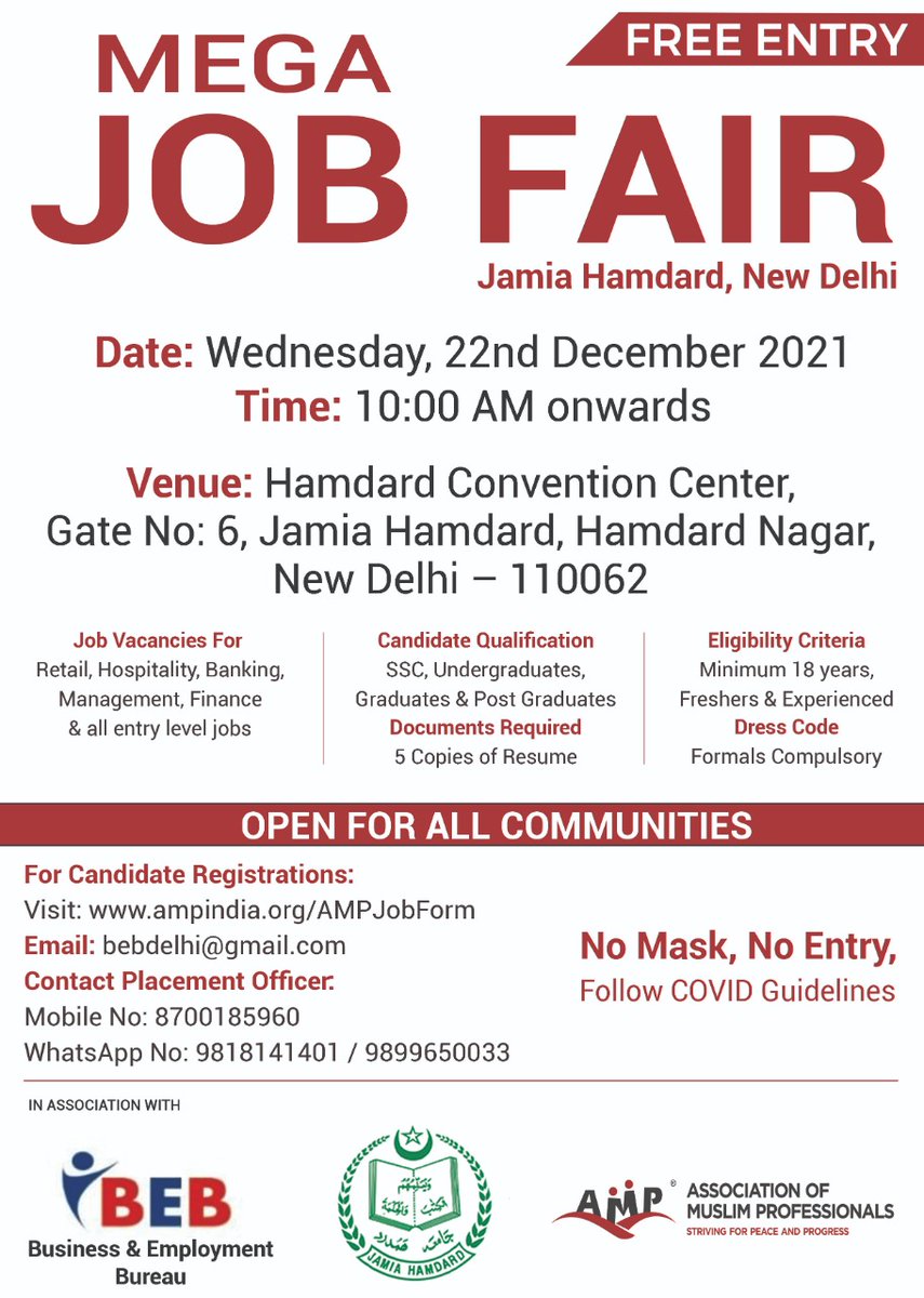 Delhi NCR folks, Pls share max and help the needy / job seekers. 

35+ reputed corporates to join to offer 3000+ openings. 

Free Entry, No registration charges! 
<a href="/AmpIndia/">AMP India</a> @ampowerjobs <a href="/aamiredresy/">Aamir Edresy</a> <a href="/ShaikhRazaks/">Razak Shaikh</a> <a href="/iftekharbidkar/">Iftekhar इफ्तेखार افتخار</a>