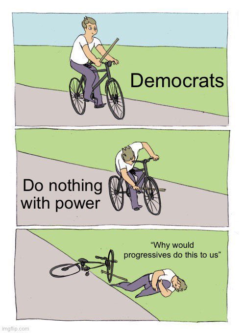 ProgressPickle's tweet photo. @ACDoyle47 @boldjarl @neighborhoodini @lacunalingua_3 @AOC Yes, claim credit. But don’t blame progressives when the Dems lose both chambers in 2022 and the presidency in 2024 due to Biden’s inactions. People aren’t dumb. They see the provisions getting stripped from BBB day by day, and the utter failure of Dem leadership. https://t.co/TF7x5gcoup