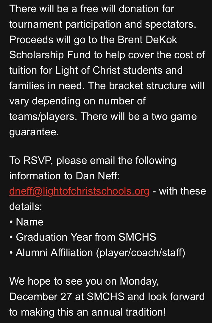 SMCHSbball's tweet photo. So excited to announce we are holding our first annual Alumni Tournament honoring Coach Brent DeKok one week from today!

Please look through the screenshots below for information &amp; hope to see you there! Should be a great day of basketball &amp; fellowship #SaintLife https://t.co/I2z4tw1VXJ