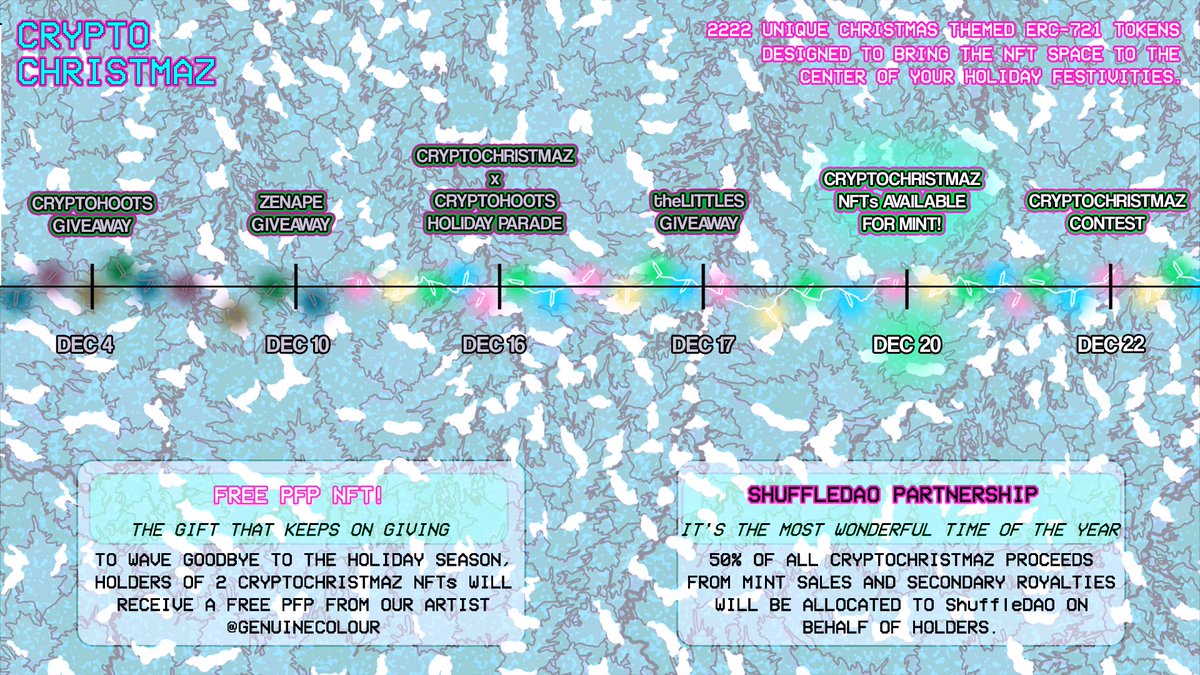 CryptoChristmaz's tweet photo. @ElfLordPA @CryptoHootsNFT Nope, Mint is .035E

However, 50% of the proceeds will be going to ShuffleDAO on behalf of holders &amp; we are also included a free NFT for holders in January!!!

Checkout our roadmap below. We also dropped some teasers of the free mint on Twitter earlier! https://t.co/ma1N9cKaxP