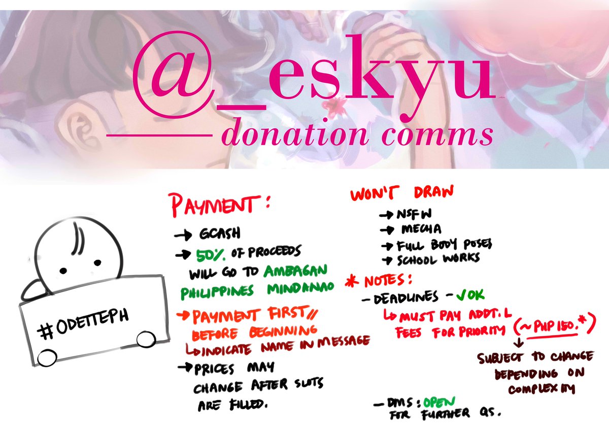 eskyusq's tweet photo. 🌼[HELP RT] 5 COMM SLOTS OPEN!

will be doing limited commission slots to help in donating for #OdettePH 

50% of proceeds will be going to AMBAGAN PHILIPPINES MINDANAO

🌼MODE OF PAYMENT : Gcash ;Payment first basis https://t.co/jKbPttHidi