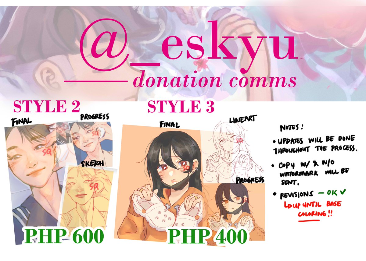 🌼[HELP RT] 5 COMM SLOTS OPEN!

will be doing limited commission slots to help in donating for #OdettePH 

50% of proceeds will be going to AMBAGAN PHILIPPINES MINDANAO

🌼MODE OF PAYMENT : Gcash ;Payment first basis