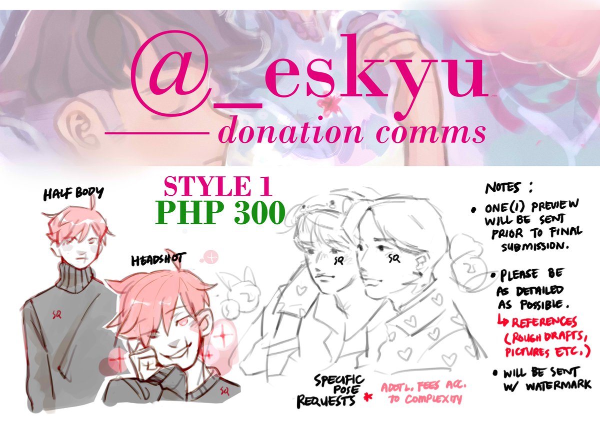 eskyusq's tweet photo. 🌼[HELP RT] 5 COMM SLOTS OPEN!

will be doing limited commission slots to help in donating for #OdettePH 

50% of proceeds will be going to AMBAGAN PHILIPPINES MINDANAO

🌼MODE OF PAYMENT : Gcash ;Payment first basis https://t.co/jKbPttHidi