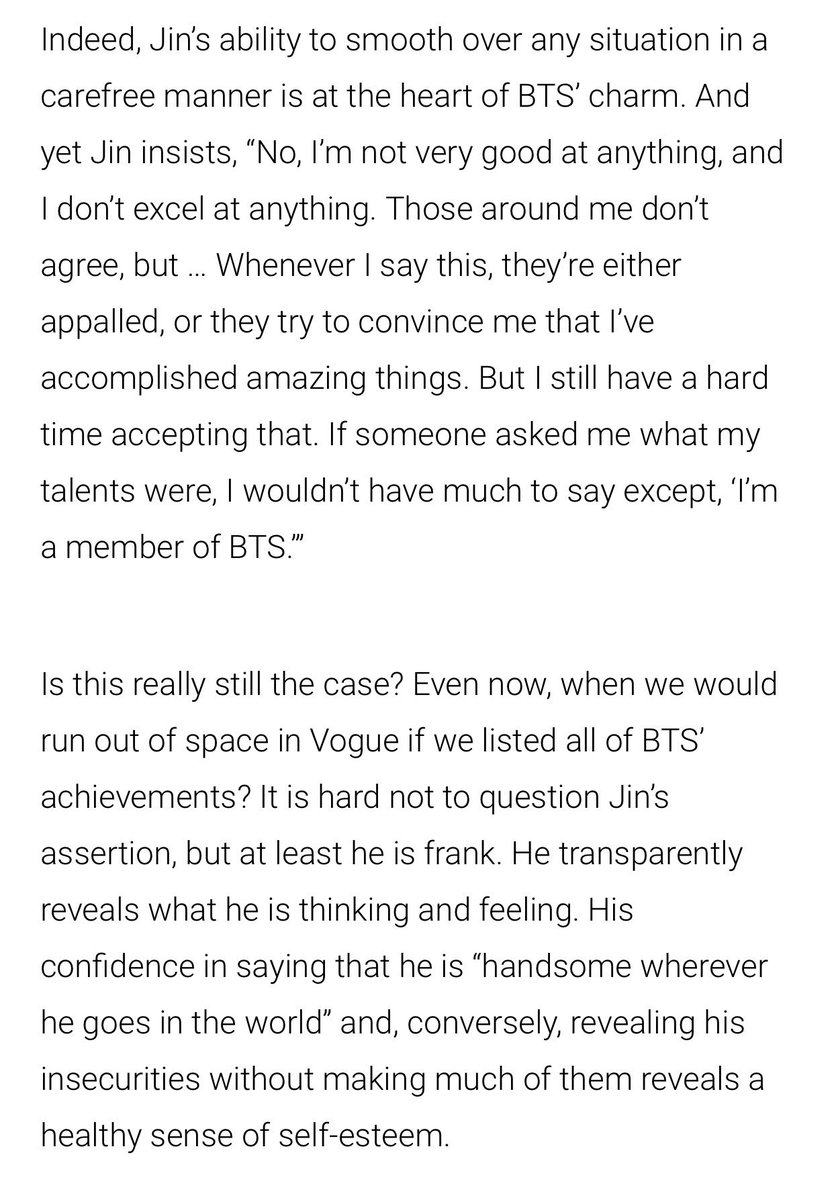 UniversBTS_'s tweet photo. 📸 Jin para a VOGUE Korea -

 “Não, não sou muito bom em nada e não sou excelente em nada. Aqueles ao meu redor não concordam, mas… Sempre que digo isso, eles ficam chocados ou tentam me convencer de que realizei coisas incríveis.
Mas ainda tenho dificuldade em aceitar isso. + https://t.co/sxL4qWo8LW