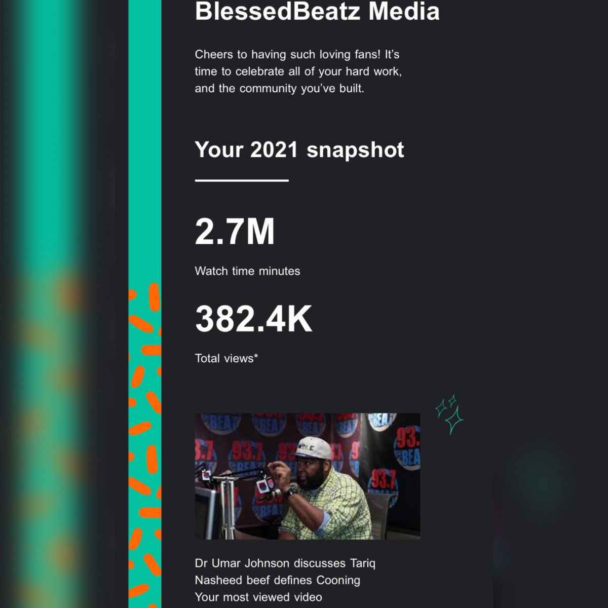 Blessed_Beatz's tweet photo. 2.7 million minutes watched
380,000+ views!

It’s been a great year for #BlessedBeatz on #YouTube.

Swing by and check out some of the viral celebrity interviews that sets the brand apart. https://t.co/KJ2AGl5znQ