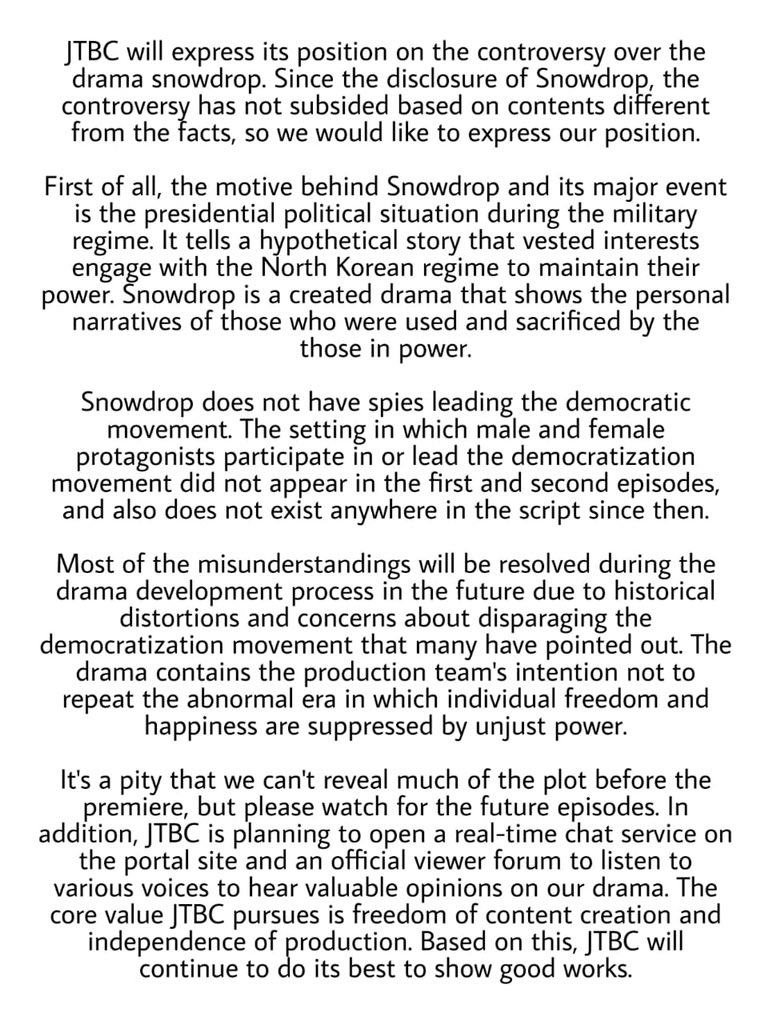 snowdroparchive's tweet photo. JTBC’s official position on Snowdrop 

“misunderstandings will be resolved during the drama development process…”

🔗https://t.co/koZ1IPatjB

#SNOWDROP #설강화 https://t.co/OuHxCqeFbV